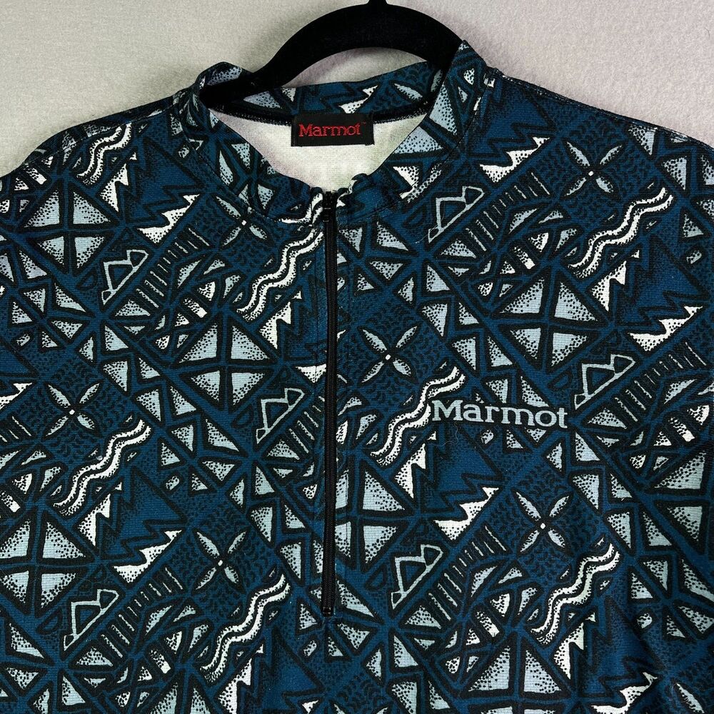 MARMOT Shirt Mens Medium Quarter Zip Short Sleeve Blue Spellout‎ All Over Print